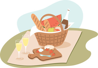 Picnic basket with food on green sunny lawn. PNG illustration