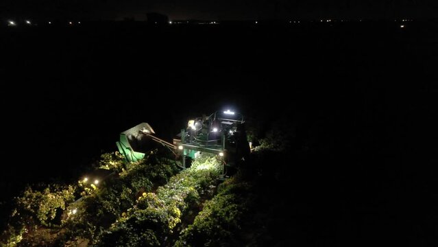 An aerial shot of a wine grape harvester at night.  This is a front to side rotation shot with a drone.  5 seconds