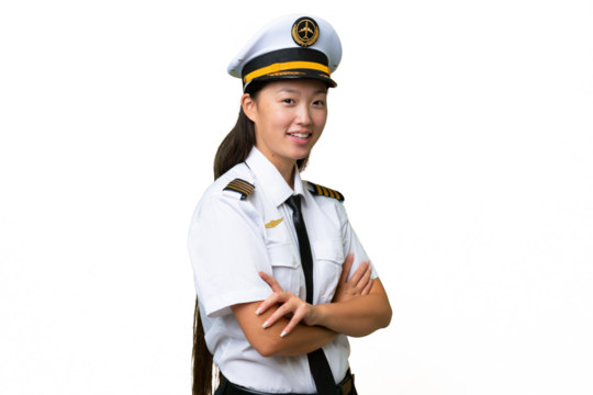 Airplane pilot Asian woman over isolated background with arms crossed and looking forward