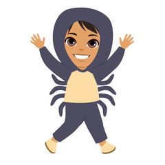Cute boy kid disguised in spider carnival costume dancing on Halloween holiday 