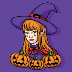illustration art the witch with pumpkin character design