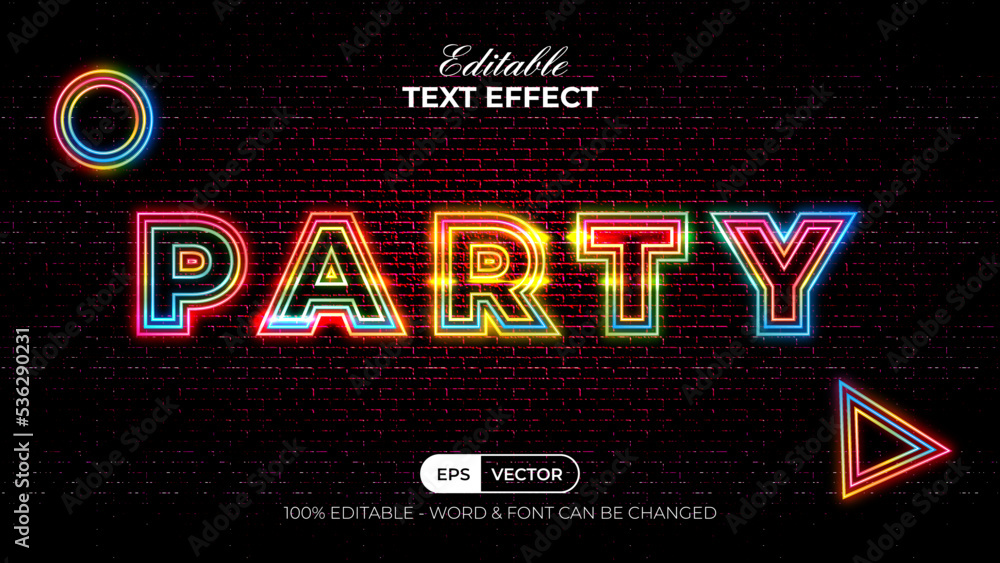 Poster party text effect neon style. editable text effect colorful theme.
