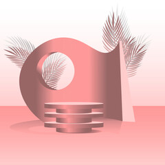 Abstract scene background. Cylinder podium with leaves on pink background. Product presentation, mock up, show cosmetic product, Podium, stage pedestal or platform. Vector illustration