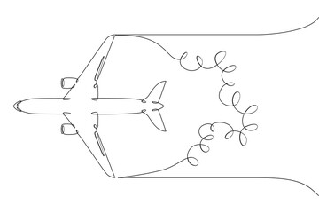 One continuous line. Flying plane. A trace from a flying plane. Civil aviation. Air transport. Airplane in the sky.One continuous line is drawn on a white background.