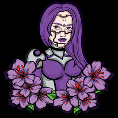illustration art robot girl purplr hair with flower character design