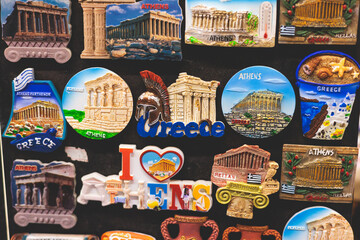 View of traditional tourist souvenirs and gifts from Athens, Attica, Greece with fridge magnets...