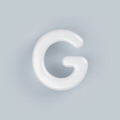 3D White plastic uppercase letter G with a glossy surface on a gray background.