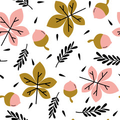 cute autumn seamless vector pattern background illustration with acorn and fall leaves © Alice Vacca