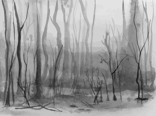 Misty gray forest hand-drawn. Vector illustration. Design of wallpaper, wall, photo wallpaper, interior, book illustration.