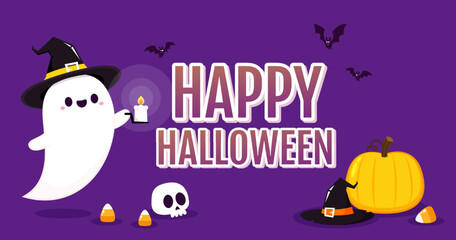 Happy halloween party greeting card with cute ghost. Holidays cartoon character. Trick or treat. Halloween funny cartoon.
