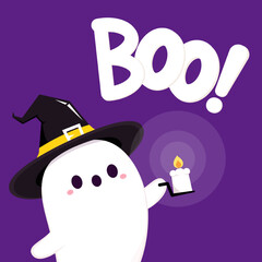 Happy halloween party greeting card with cute ghost. Holidays cartoon character. Trick or treat. Halloween funny cartoon. Boo! banner.