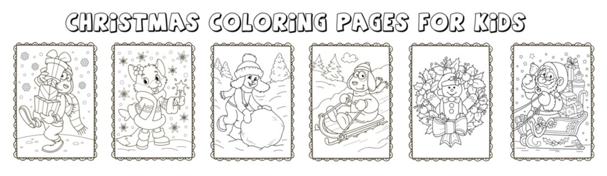 Set of the coloring pages outline. Cartoon smiling cute Santa Claus, dog with gifts, fox, sledding, christmas wreath, snowball, snowman. Colorful vector illustration, winters coloring book for kids.