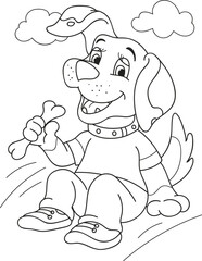 Coloring page outline of the cartoon smiling cute dog with the bone. Colorful vector illustration, summer coloring book for kids.
