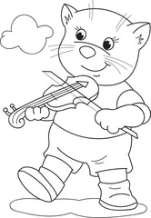 Coloring page outline of cartoon smiling cute cat with violin. Colorful vector illustration, summer coloring book for kids.