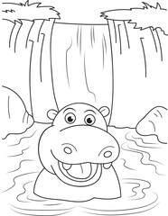Coloring page outline of cartoon smiling cute hippo in the lake. Colorful vector illustration, summer coloring book for kids.