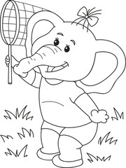 Coloring page outline of cartoon smiling cute girl elephant. Colorful vector illustration, summer coloring book for kids.