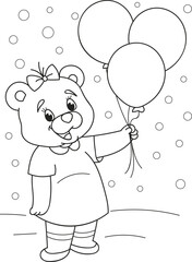 Coloring page outline of cartoon smiling cute baby girl bear with air balloons. Colorful vector illustration, summer coloring book for kids.