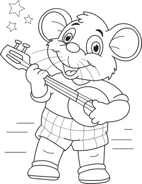 Coloring page outline of cartoon smiling cute mouse with guitar. Colorful vector illustration, summer coloring book for kids.