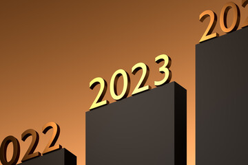 Gold metallic numbers 2023 on the podium. 3D Illustration. Isometric style, hero view. New year concept.