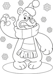 Coloring page outline of cartoon cute bear with snowflakes. Colorful vector illustration, winters coloring book for kids.