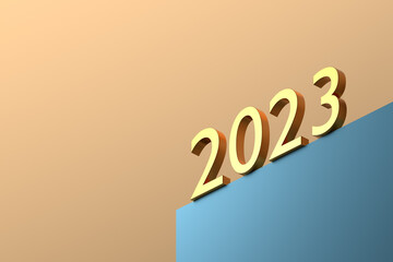 Gold metallic numbers 2023 on the podium. 3D Illustration. Isometric style, hero view. New year concept.