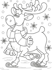 Coloring page outline of cartoon smiling cute deer. Colorful vector illustration, winters coloring book for kids.
