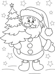 Coloring page outline of cartoon smiling cute Santa Claus with Christmas three. Colorful vector illustration, winters coloring book for kids.