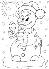 Coloring page outline of cartoon smiling cute snowman with ice cream. Colorful vector illustration, winters coloring book for kids.