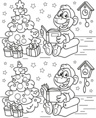 Find seven differences. Monkey with Christmas tree. Coloring page outline of the cartoon game. Colorful vector illustration of educational game for preschool children, winters coloring book for kids. 
