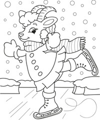 Coloring page outline of cartoon smiling cute goat ice-skating. Colorful vector illustration, winters coloring book for kids.