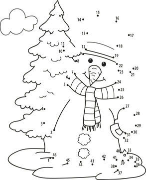 Connect the dots. Snowman. Coloring page outline of the cartoon numbers game. Colorful vector illustration of educational dot to dot game for preschool children, winters coloring book for kids.