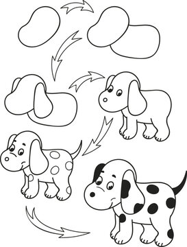 How to draw this picture. Coloring page outline of the cartoon cute dog. Colorful vector illustration of educational game for preschool children, coloring book for kids.