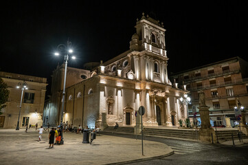 The main church in the central square of Avola illuminated