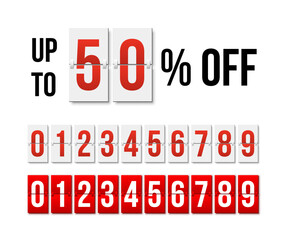 Discount special offer, poster template for season sales in store vector illustration. Black up to 50 percent off text with mechanical scoreboard, collection of red and white flip numbers from 0 to 9