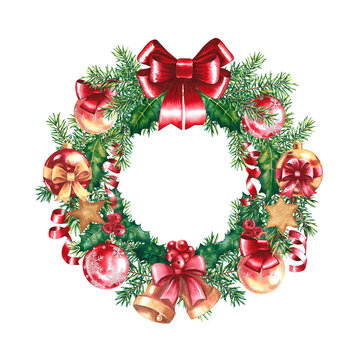 Christmas wreath with ribbons, baubles, bow and holiday decorations, watercolor. For packaging, printing and stickers.