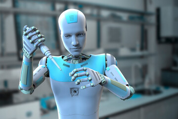 A humanoid robot working with laboratory pipette and tube, conceptual 3D illustration
