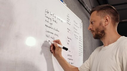 An athlete in a white t shirt writes down the exercises that he will perform on a white board with a marker. Training fitness, training class, training classroom - Powered by Adobe