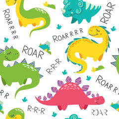 Bright vector seamless pattern. Cute dinosaurs. Pattern for baby clothes, textiles, diapers and fabrics.