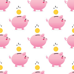 Cute pink piggy bank with golden coin vector seamless pattern background for savings, economy, money related design.
