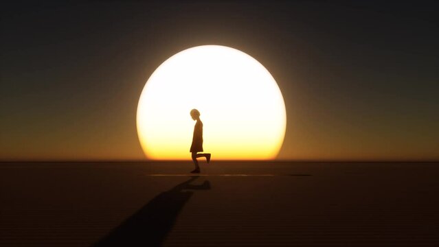 Child, kid, silhouette on large sunset, playing hopscotch, hop on one foot. People silhouettes 3D animation.