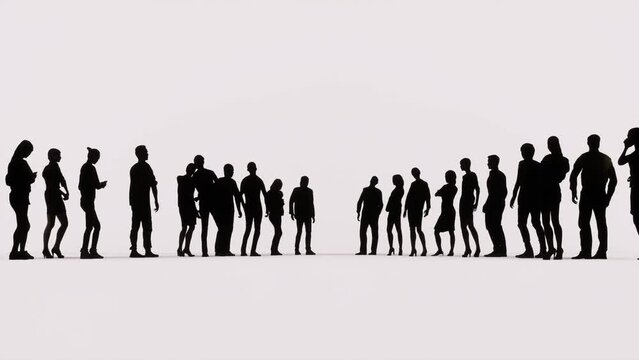 People's silhouettes standing idle waiting in rows on white background. People silhouettes 3D animation.