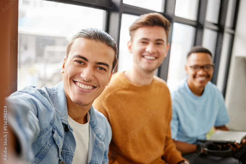 Canvas Prints College students selfie, men friends and social media at university, school and campus. Diversity, happy portrait perspective and gen z young group taking photos for studying, education and learning