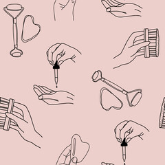 Spa and skin care seamless pattern. Background with beauty tools and face care procedures. Line art vector illustration