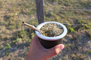 Yerba mate en el campo por la tarde con un bombilla © Teo 