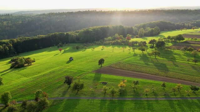 Germany, Remstal valley, drone shot of a flight over a rural landscape in autumn
