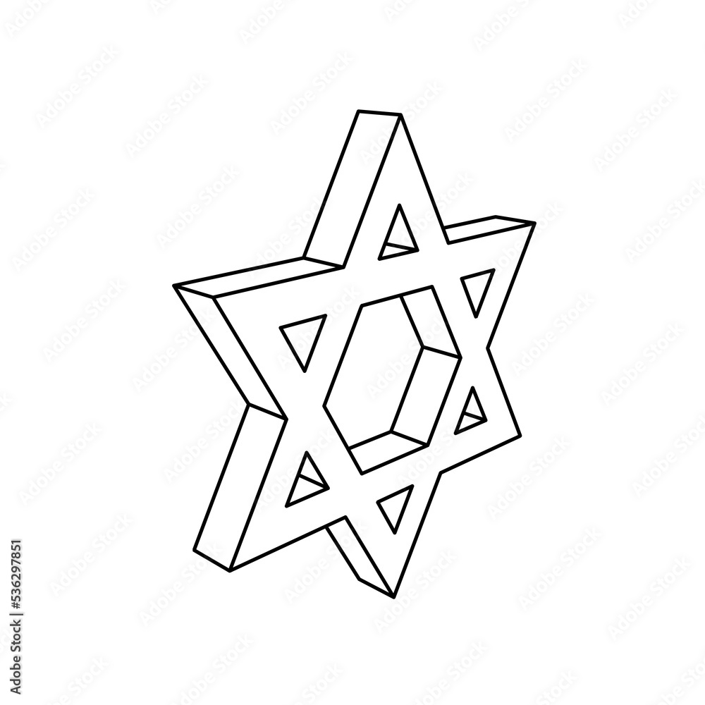 Poster the outline of a large star of david symbol is made with black lines. 3d view of the object in persp