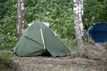 Tent camp in mixed forest. Life in tent camp, outdoor recreation. Concept of recreation away from noisy polluted cities in nature. Journey on foot to wild places. Tourists pitch tents in the forest.