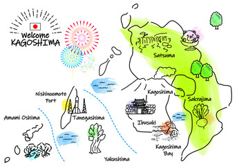 鹿児島県の観光地のシンプル線画イラストマップ