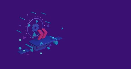Naklejka premium Pink double arrow symbol on a pedestal of abstract geometric shapes floating in the air. Abstract concept art with flying shapes on the left. 3d illustration on deep purple background