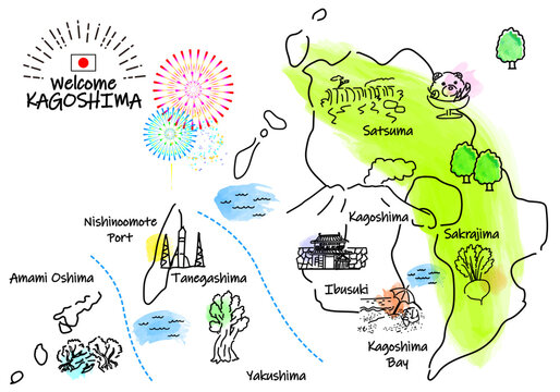 鹿児島県の観光地のシンプル線画イラストマップ